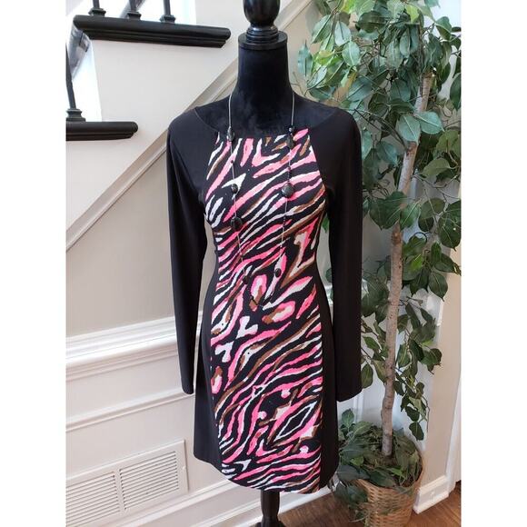 BISOU BISOU Women's Multi Animal Print Back Zip Long Sleeve Knee Length Dress 10 - Picture 11 of 11